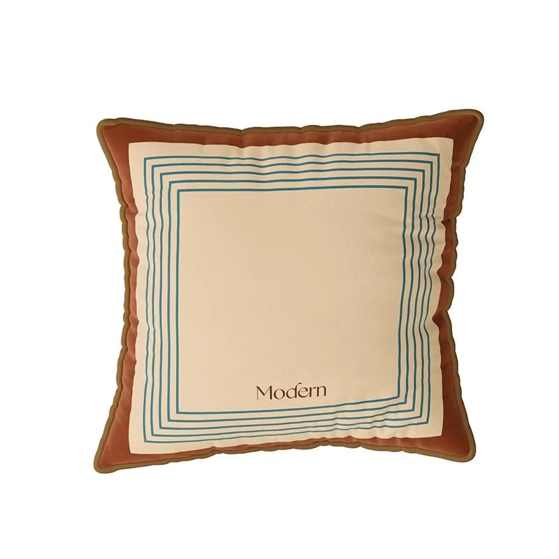 taies d'oreillers carrées modernes carreaux géométriques bleu beige marron velours 45x45cm 55x55cm lit canapé