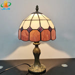 lampe table tiffany hexagonal jaune vert blanc rose violet aluminium nickel brossé led éclairage