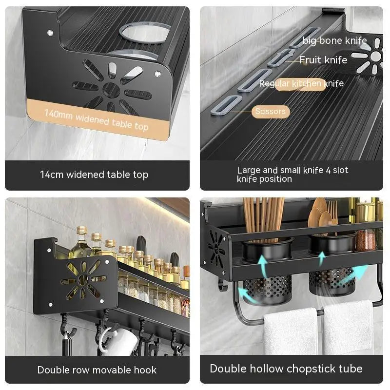 étagère murale multifonctionnelle noire moderne vis tablettes support couteaux porte serviette gobelets verres