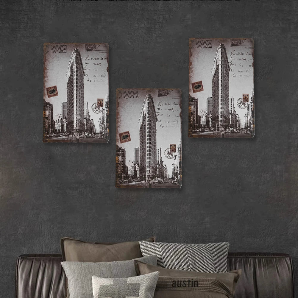 décoration murale vintage empire state building écriture manuscrite urbain ornements créatifs beige marron gris