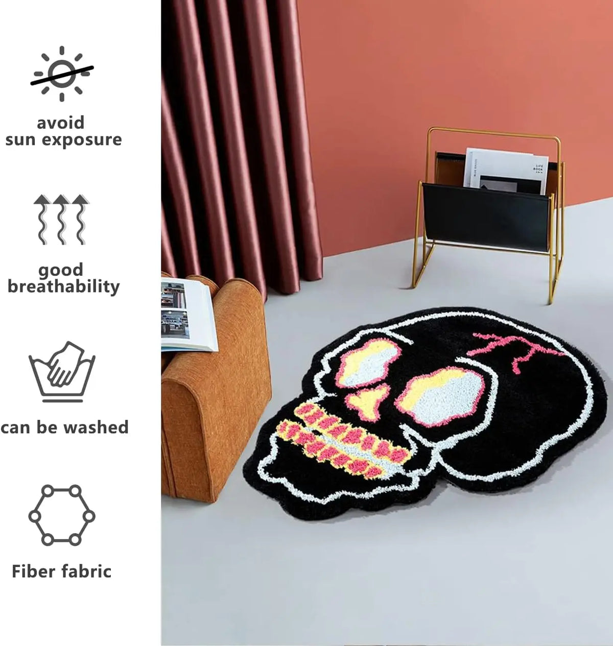 tapis crâne stylisé anti dérapant polyester doux moderne noir blanc rose