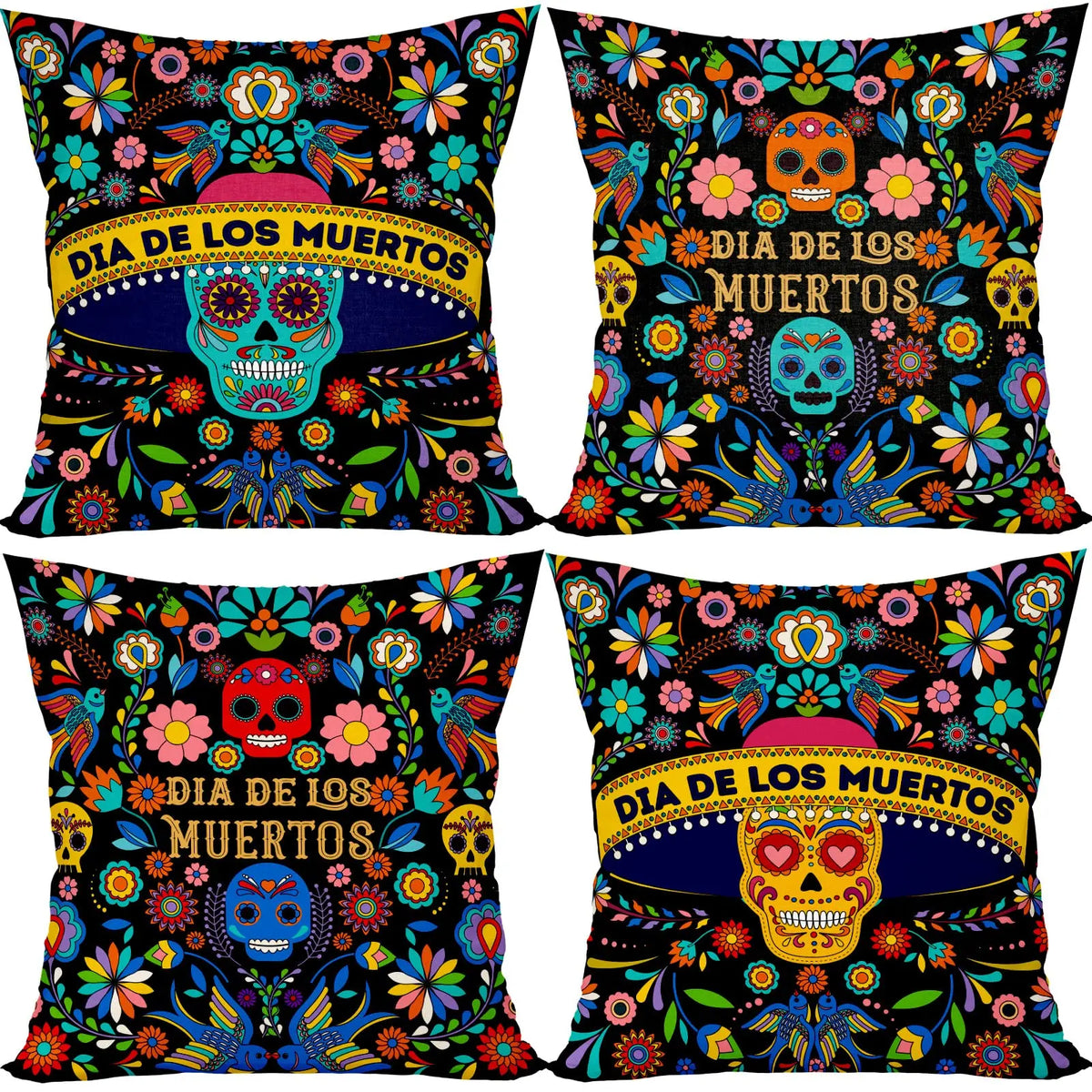 lot taies d'oreiller carrées crâne mexicain fleurs pop art violet bleu rose