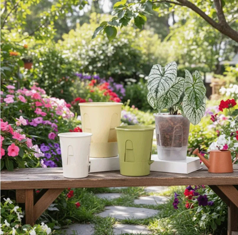 pots fleurs auto arrosants moderne vert blanc beige opaques adhésifs ensemble plateau plastique pvcextérieur