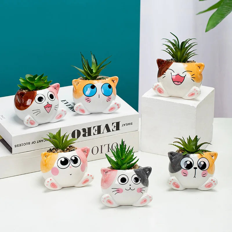cache pot forme chat cartoon miniature deco plante verte blanc rose orange