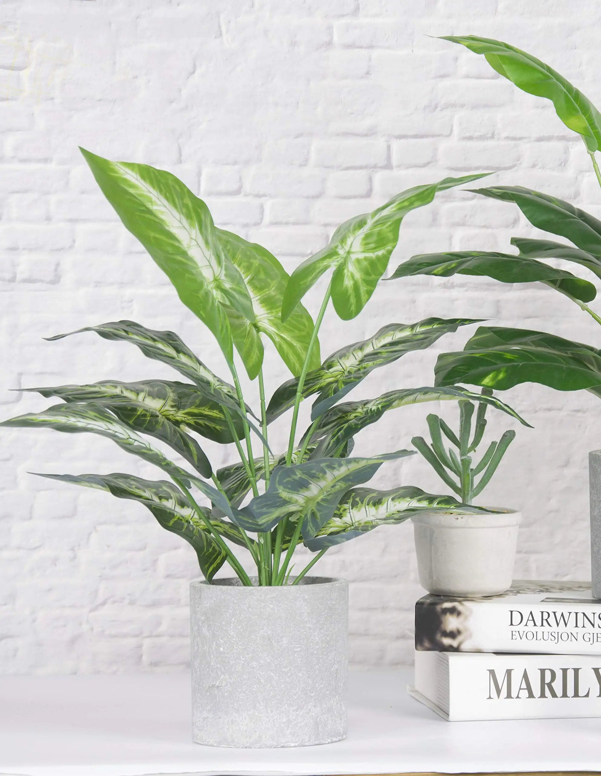 décoration intérieure plante artificielle pot gris feuilles vertes blanches motif veiné salon chambre