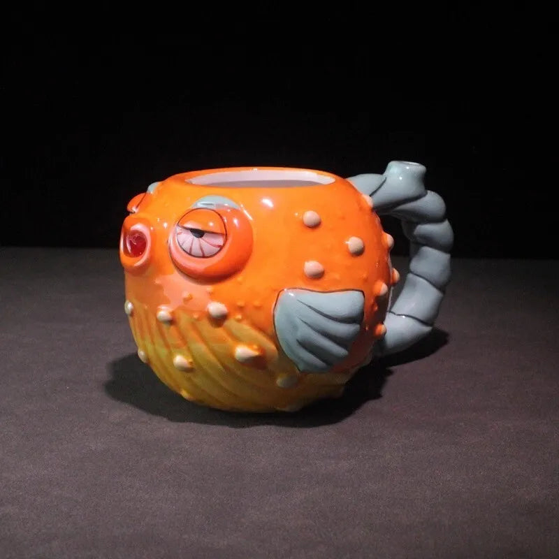 tasse poisson globe orange jaune bleu texturée oeil fatigué 600ml cartoon festive