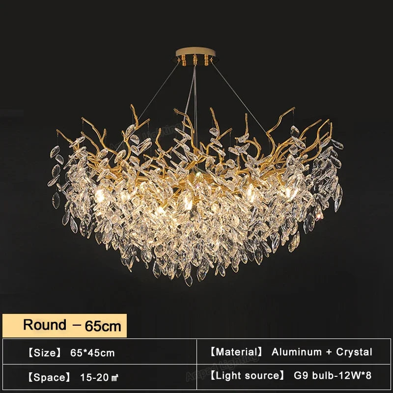 Suspension lumineuse contemporaine transparente dorée branches feuilles LED 100cm