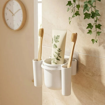 porte brosses adhésif moderne feuilles vertes blanc rangement salle bain dents dentifrice