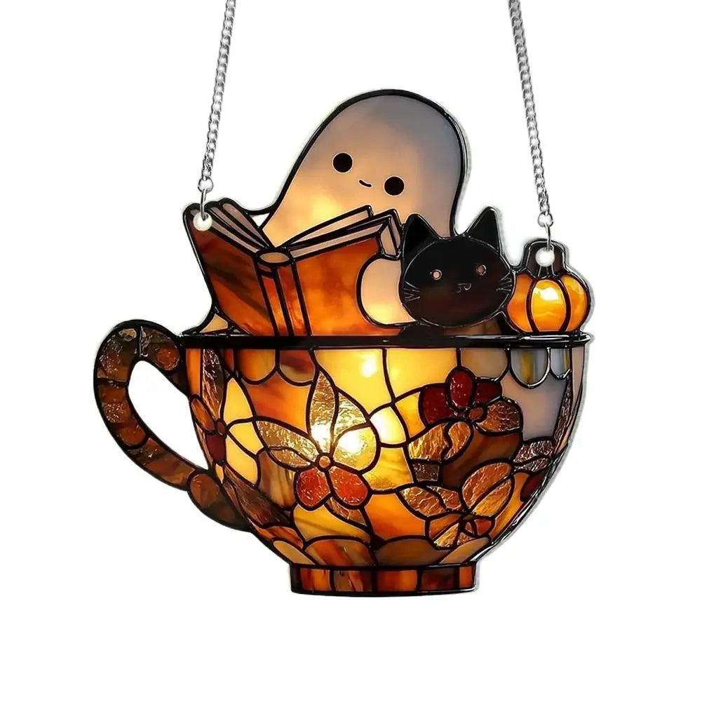 lampe suspendue tiffany mosaïque feuilles orange marron noir maison halloween fantôme chat citrouille