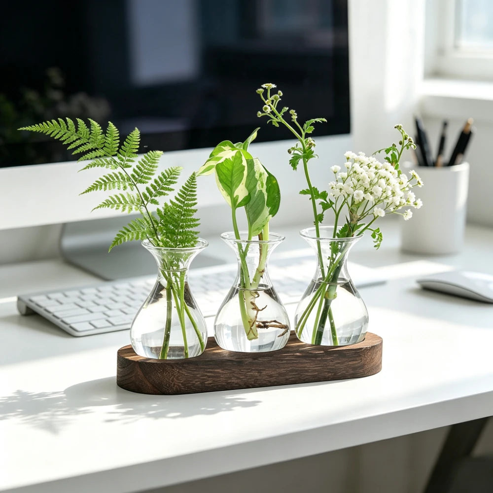 vases verre transparents modernes base bois fleurs plantes décoration intérieure minimaliste