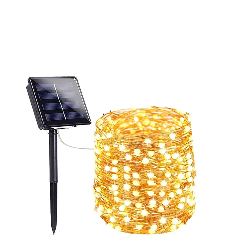 guirlande lumineuse solaire extérieure fil cuivre led décorative jardin terrasse cour étanche piquet doré
