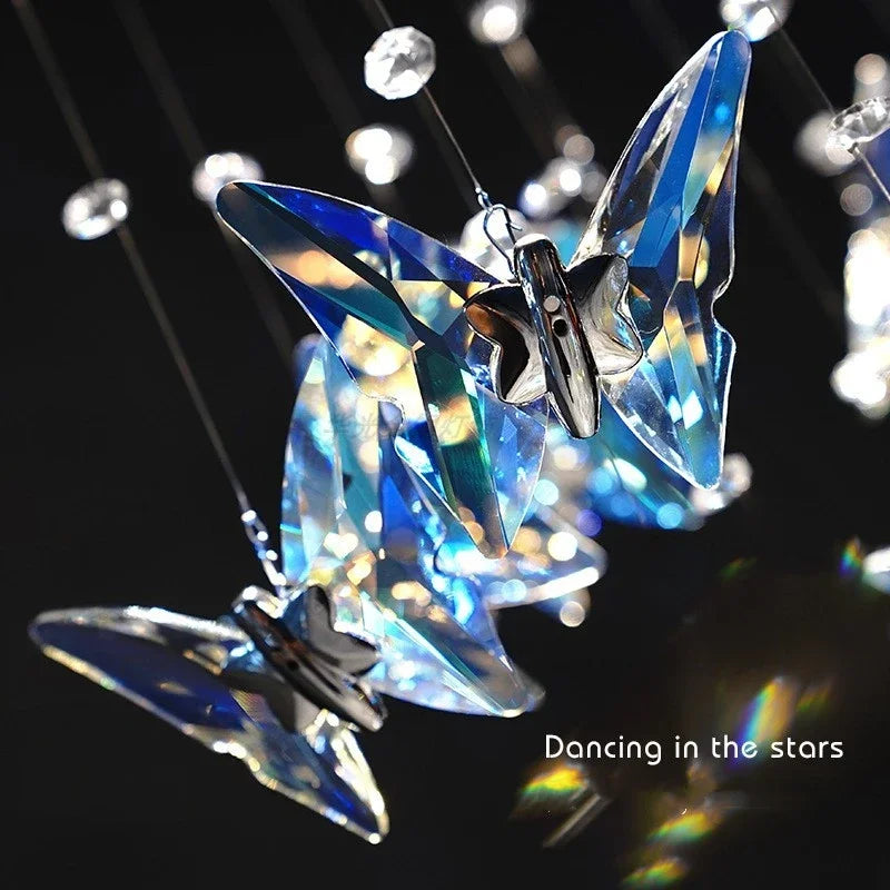 suspension lumineuse moderne papillons cristal bleu transparent élégante lumière chaînes haute qualité
