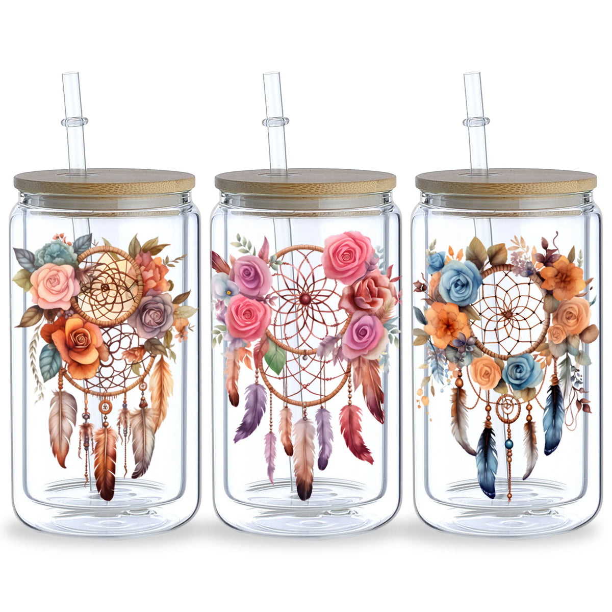 stickers adhésifs dreamcatchers fleurs plumes bohème aquarelle transparents bouteilles bois pack pièces