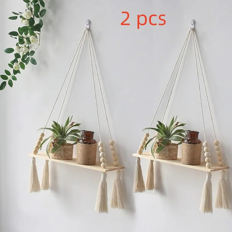 étagère suspendue boho corde tressée bois franges anneaux métal chambre salon bois naturel
