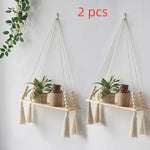 étagère suspendue boho corde tressée bois franges anneaux métal chambre salon bois naturel