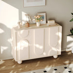 meuble rangement moderne bois motifs géométriques beige clair pieds ronds