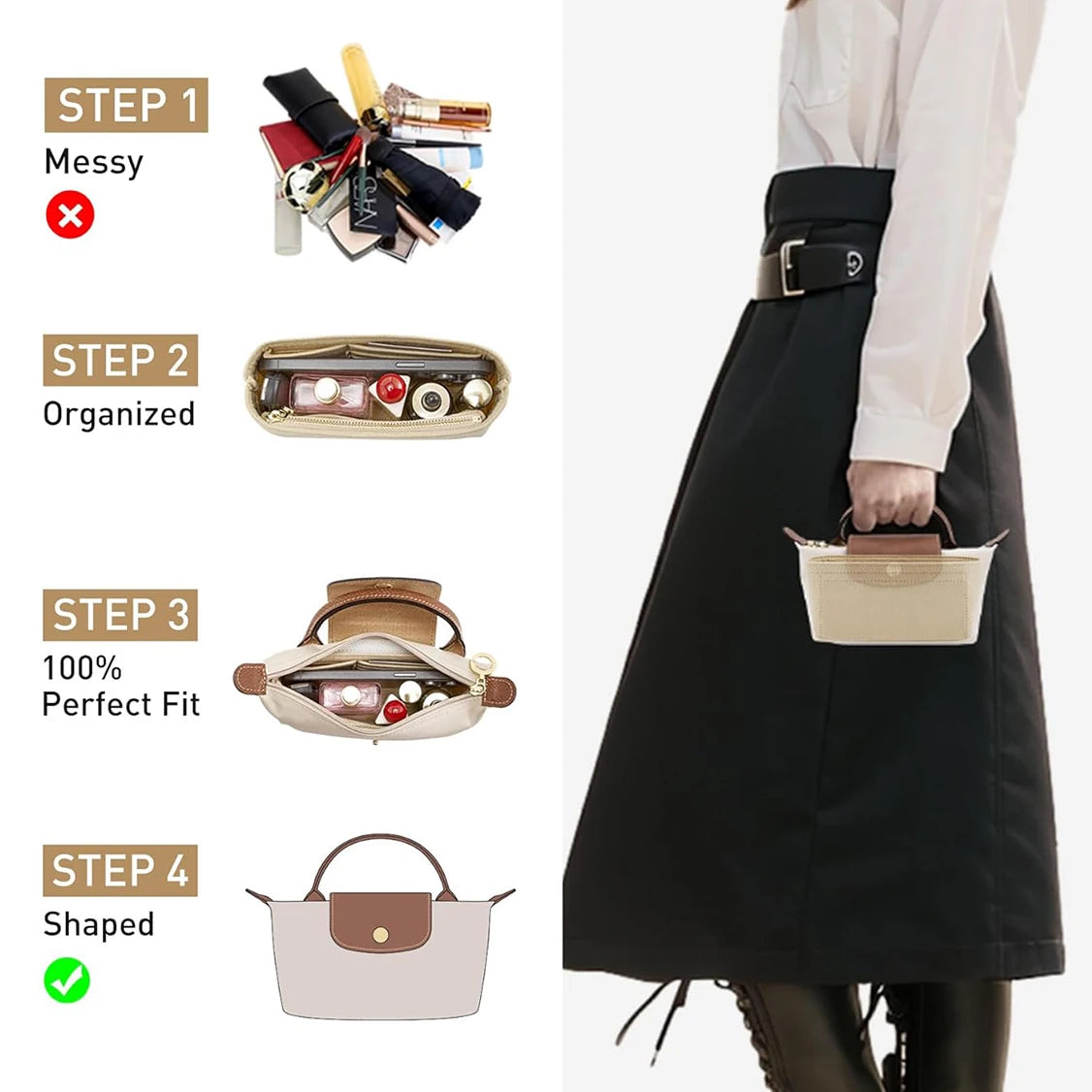 organisateur sac main réutilisable simili cuir bleu clair beige vert marron classique poche intérieure