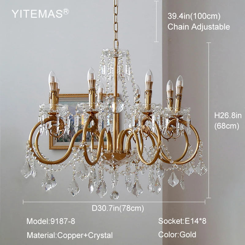 lustre suspendu doré ornements floraux cristal transparent classique ampoules chaîne pendeloques