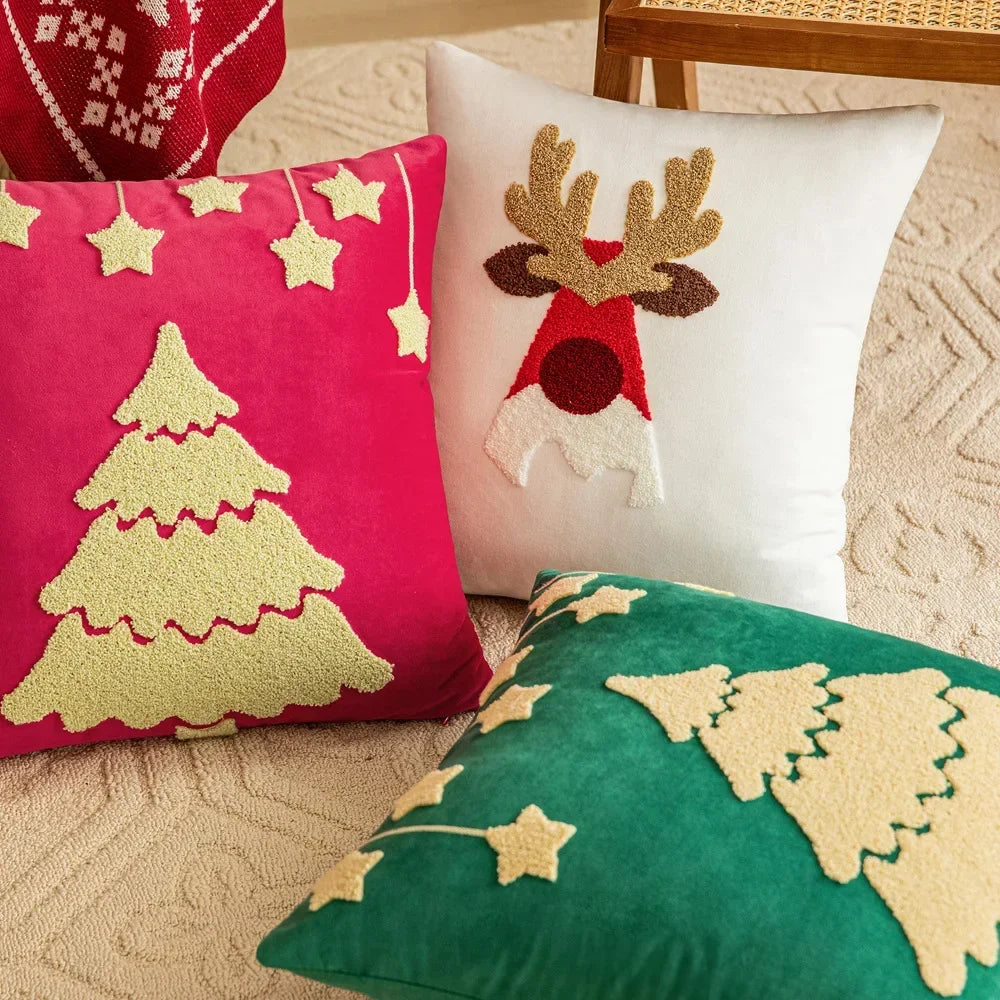 coussin brodé arbre noël étoiles dorées festif décoratif intérieur maison voiture 45x45cm polyester festive
