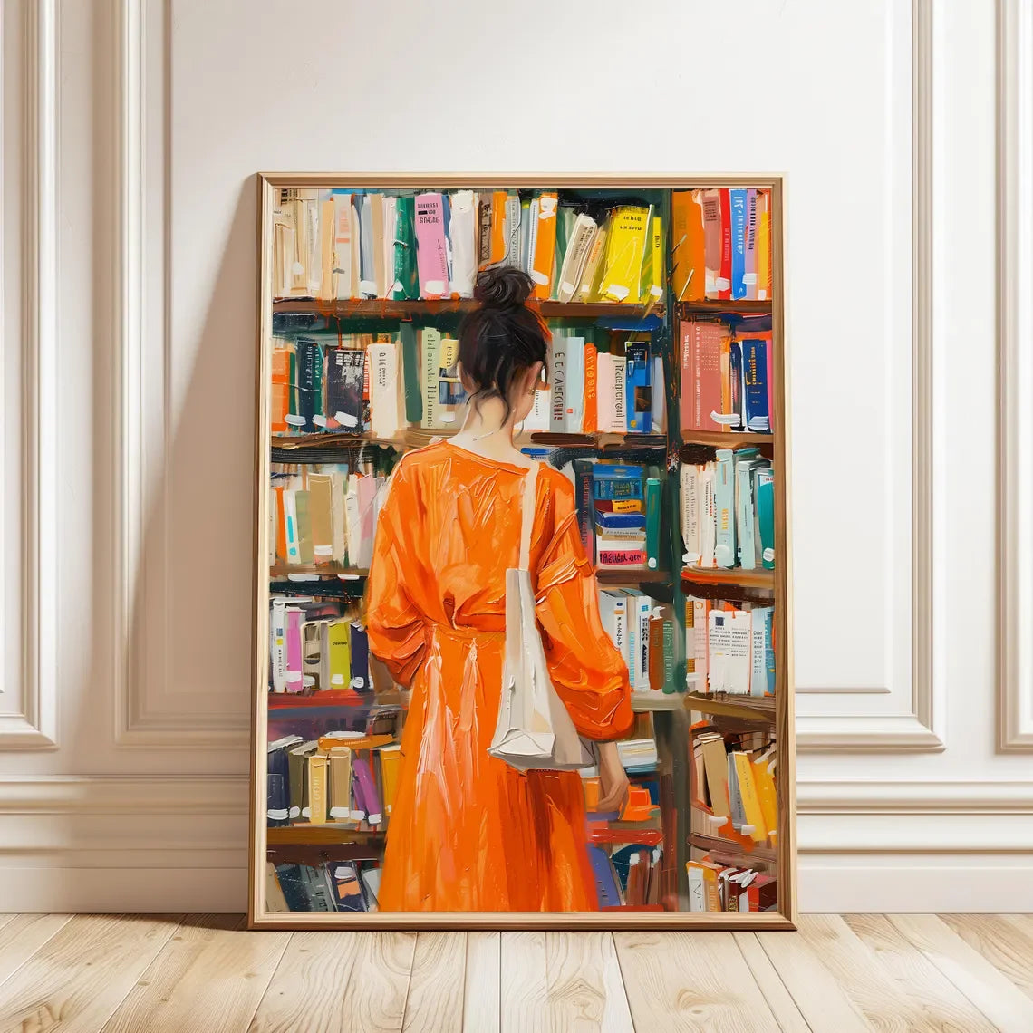 tableau contemporain bibliothèque livres colorés personnage doré orange blanc moderne décoration mur
