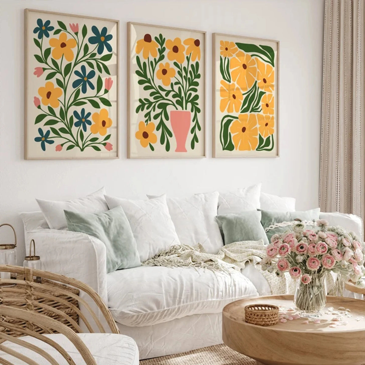 affiches murales modernes fleurs stylisées couleur rose jaune décoration intérieure chambre salon enfants