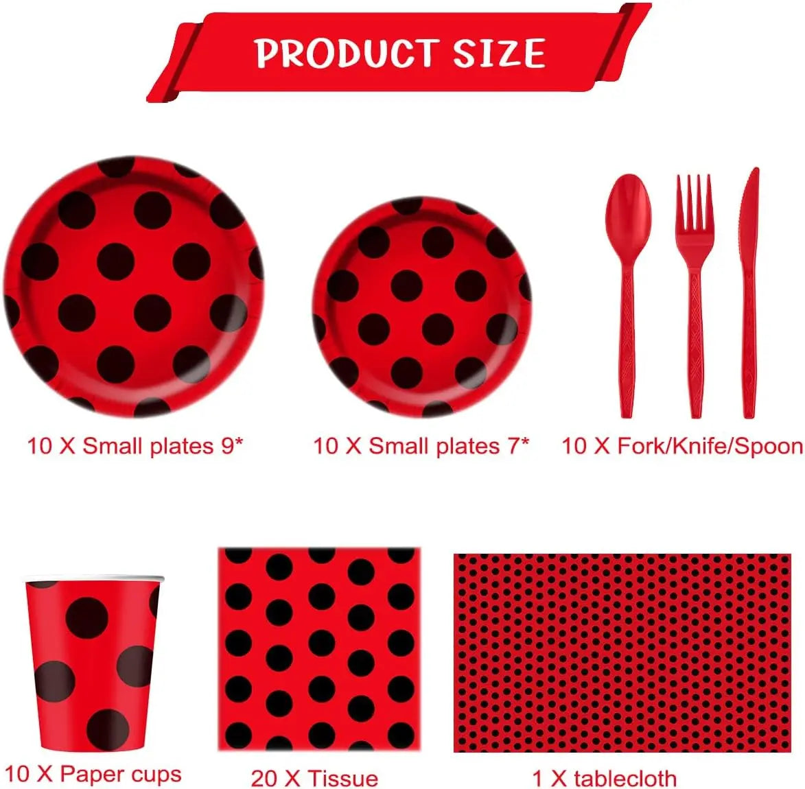 assiettes papier festives fourchettes couteaux serviettes nappe moderne points rouges noirs