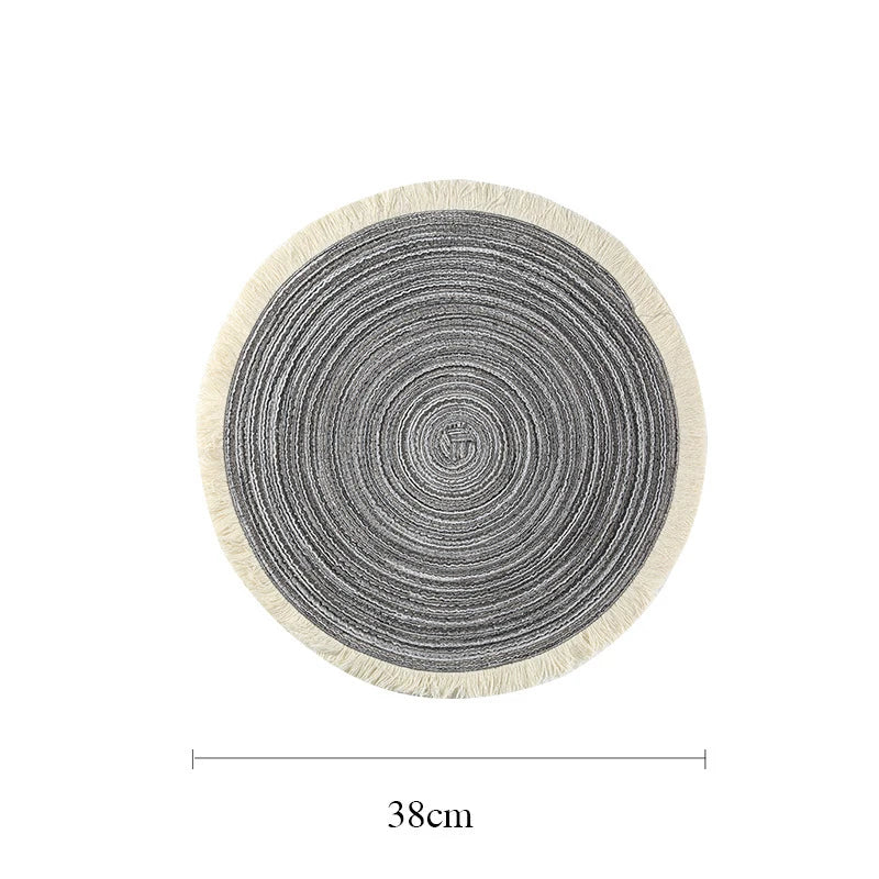 tapis table rond franges tissées beige blanc moderne respectueux environnement