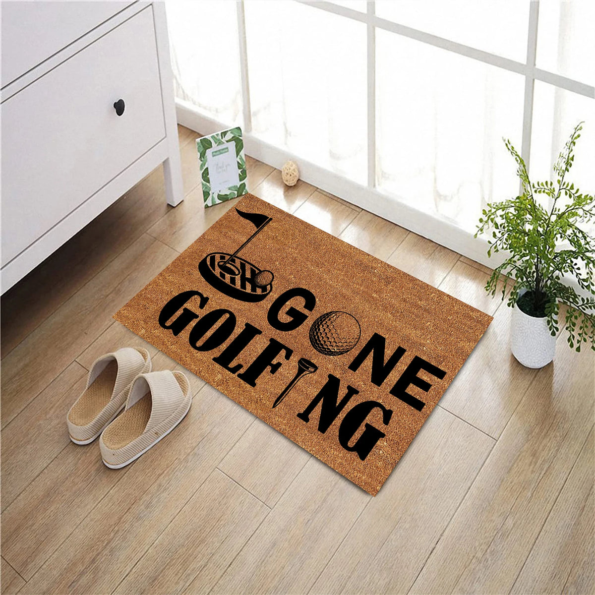 tapis d'entrée marron clair imprimé éléments golf antidérapant résistant bactéries moderne extérieur sol porte