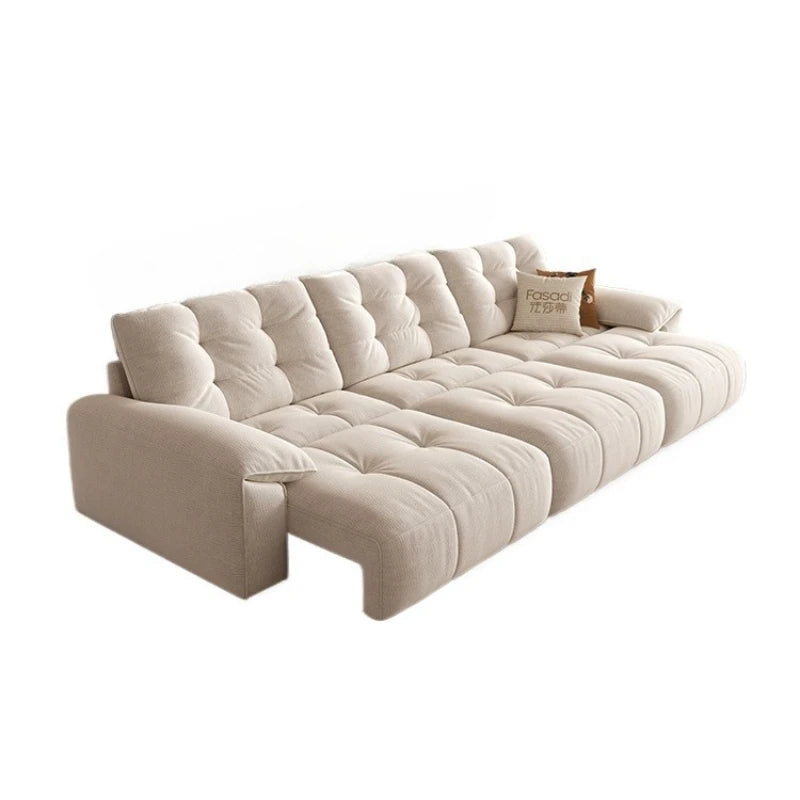 canapé lit moderne beige motif boutons adhésifs coussins salon bois tissus composites