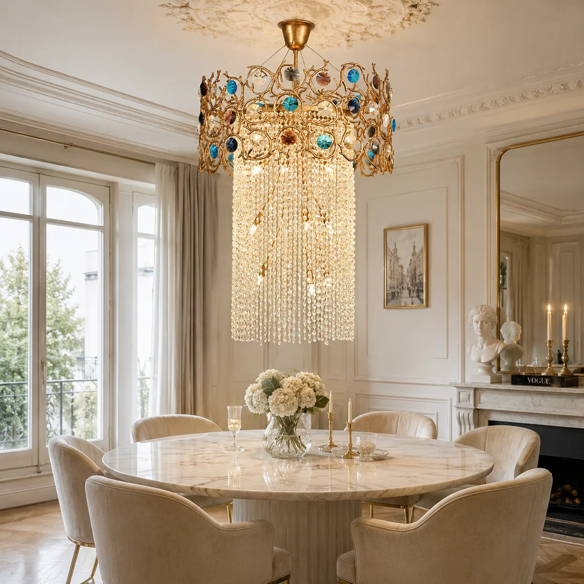 lustre moderne cristal art déco doré bleu rose blanc branches stylisées salon chambre couloir