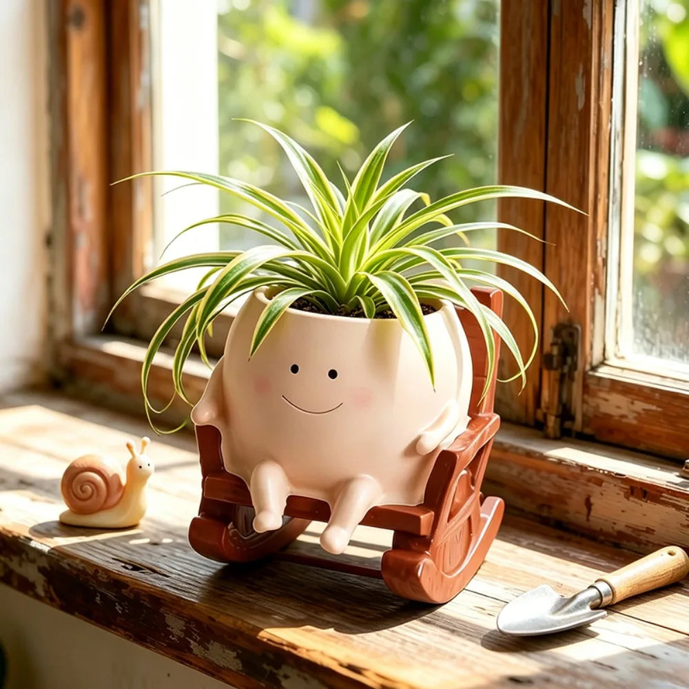 pot fleurs résine forme fauteuil bascule visage souriant cactus succulente plante araignée tournesol herbes