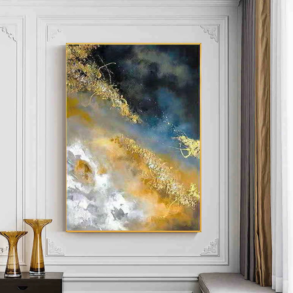 tableau abstrait moderne peintures l'huile noir bleu gris orange blanc toile rectangle vertical sans