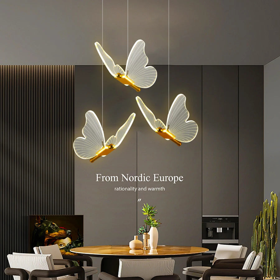 Suspension lumineuse papillon moderne acrylique transparente LED blanc doré chambre salon