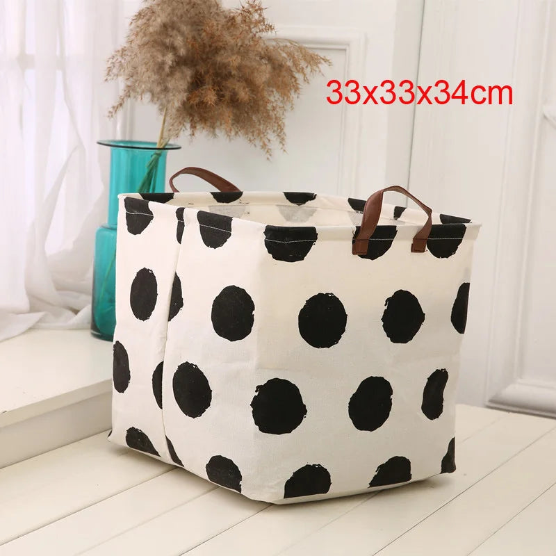 panier rangement pliant lin blanc noir rayures lettres poignées cuir moderne