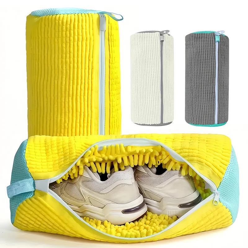 sacs lavage chaussures réutilisables côtelés intérieur duveté couleurs jaune gris blanc moderne