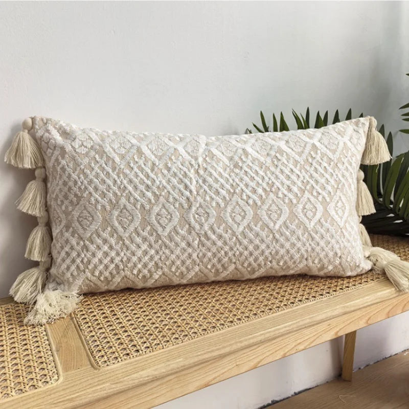 coussin boho carré 45x45cm beige motif géométrique brodé tassel déco siège voiture