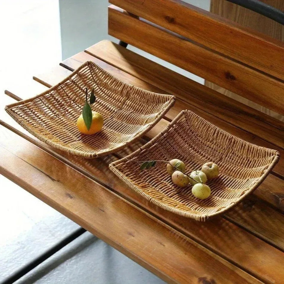 panier corbeille rotin tressé rustique naturel beige fruits rangement plateau