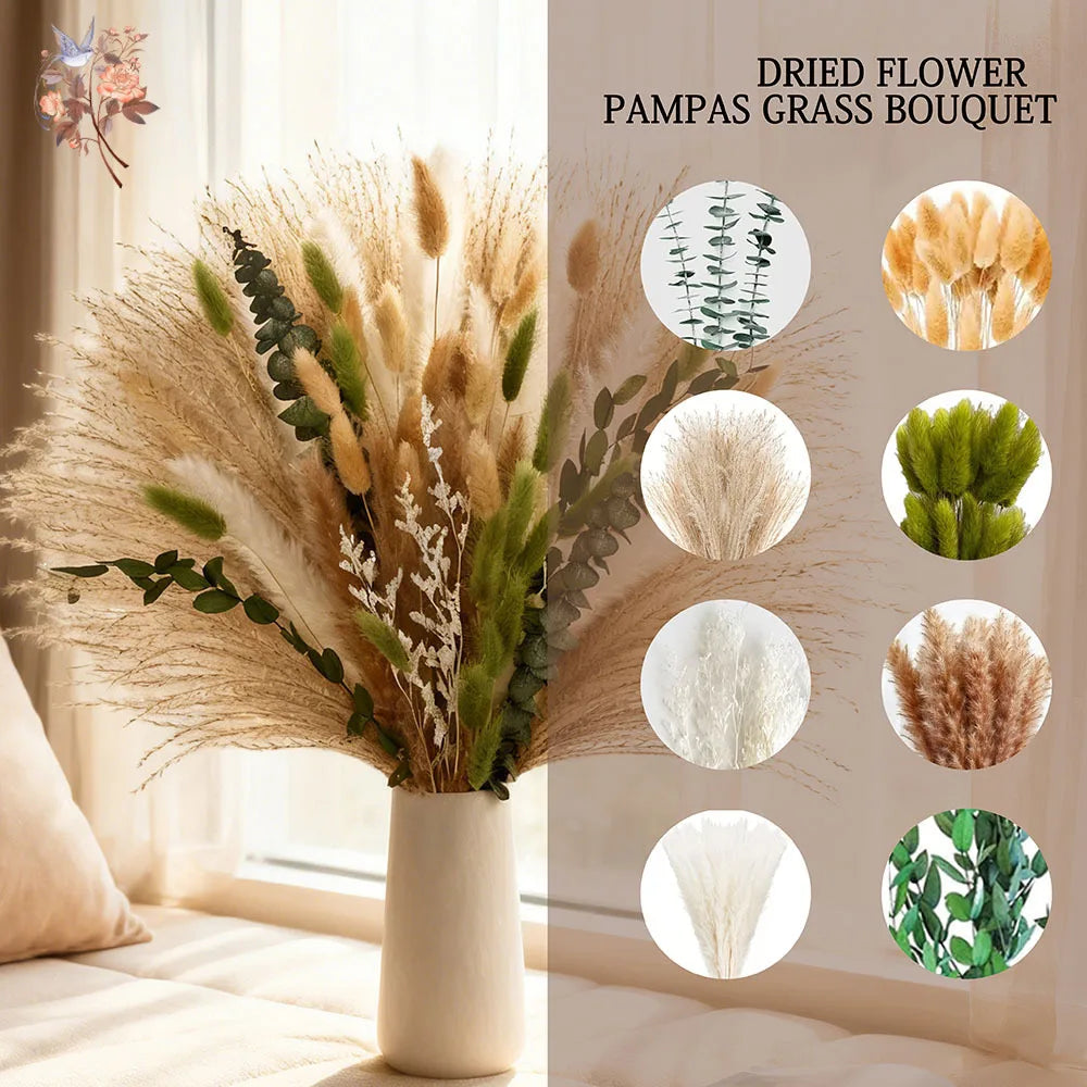bouquet fleurs séchées pampas eucalyptus naturel rustique décoration maison anniversaire fêtes