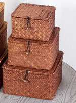 paniers rangement tressés rotin marron clair rustique couvercle utilisation multiple decorationintérieur bohème pastoral
