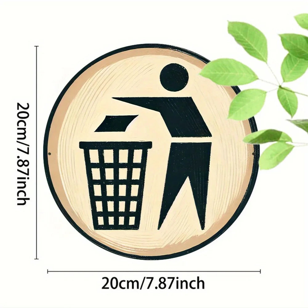 panneau decoratif rond metal imitation bois signalisation poubelle feuilles vertes noir crème 20cm diameter