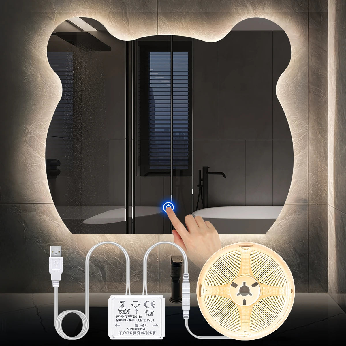miroir lumineux led noir blanc bleu rond contour lumineux moderne adhésif usb charge tactile