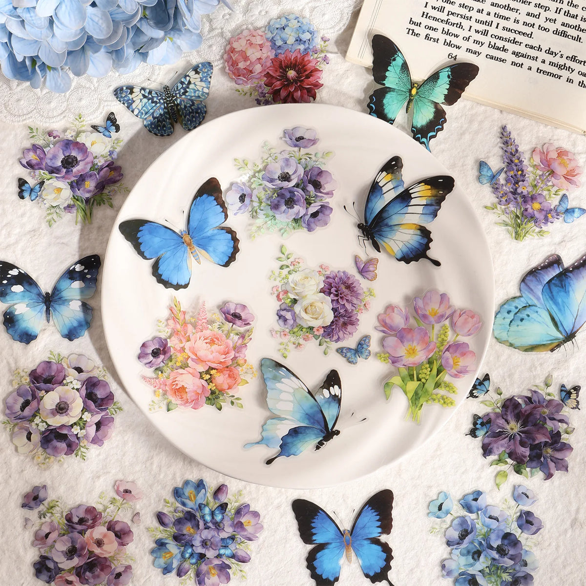 autocollants décoratifs papillons fleurs motifs floraux bleu rose violet jaune noir vintage romantique scrapbooking