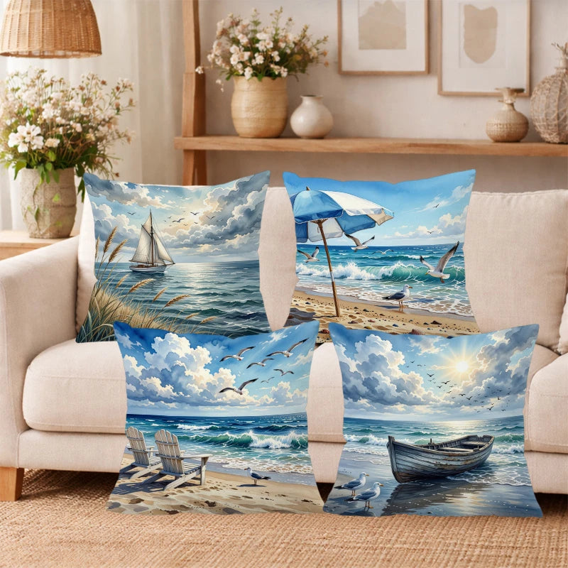 taie d'oreiller motif plage bleu blanc moderne maison 40x40cm 45x45cm 50x50cm 60x60cm polyester peachskin