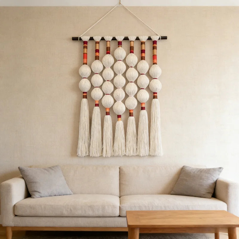 tapisserie macramé boho chic blanc marron rouge orange boules entrelacées franges crochet