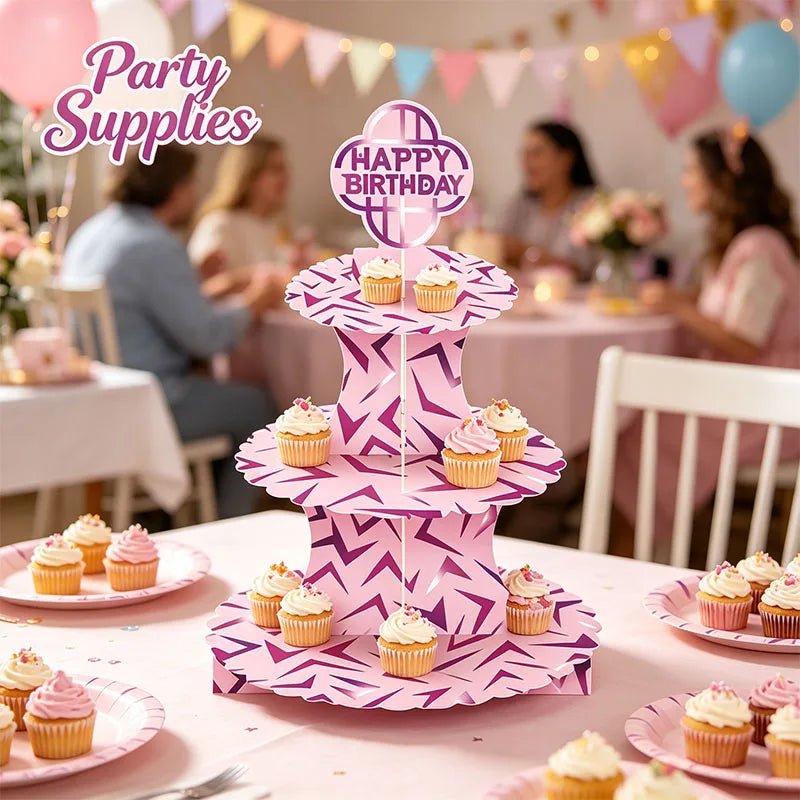 supports cupcakes drapeaux happy birthday rose violet zigzag modernes festifs anniversaire famille réunion