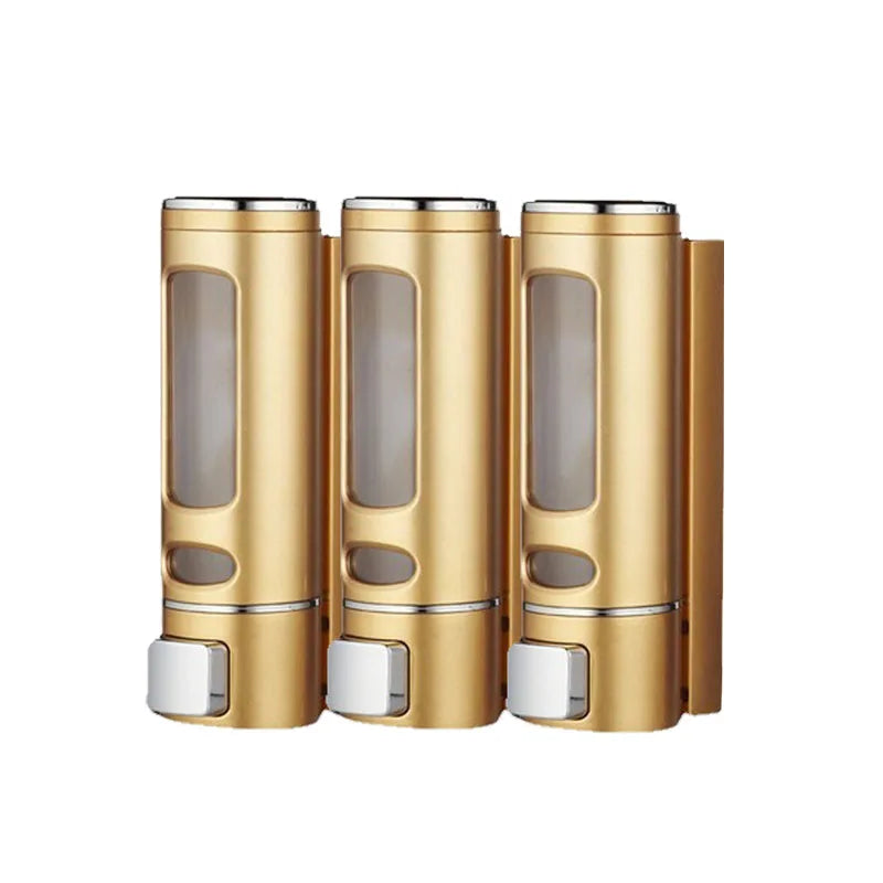 distributeur savon liquide or argent blanc moderne finition métallique fenêtre transparente minimaliste vis
