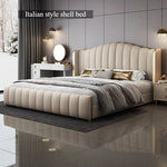lit double moderne beige cuir texture lignes verticales tiroirs latéraux chambre bois épuré