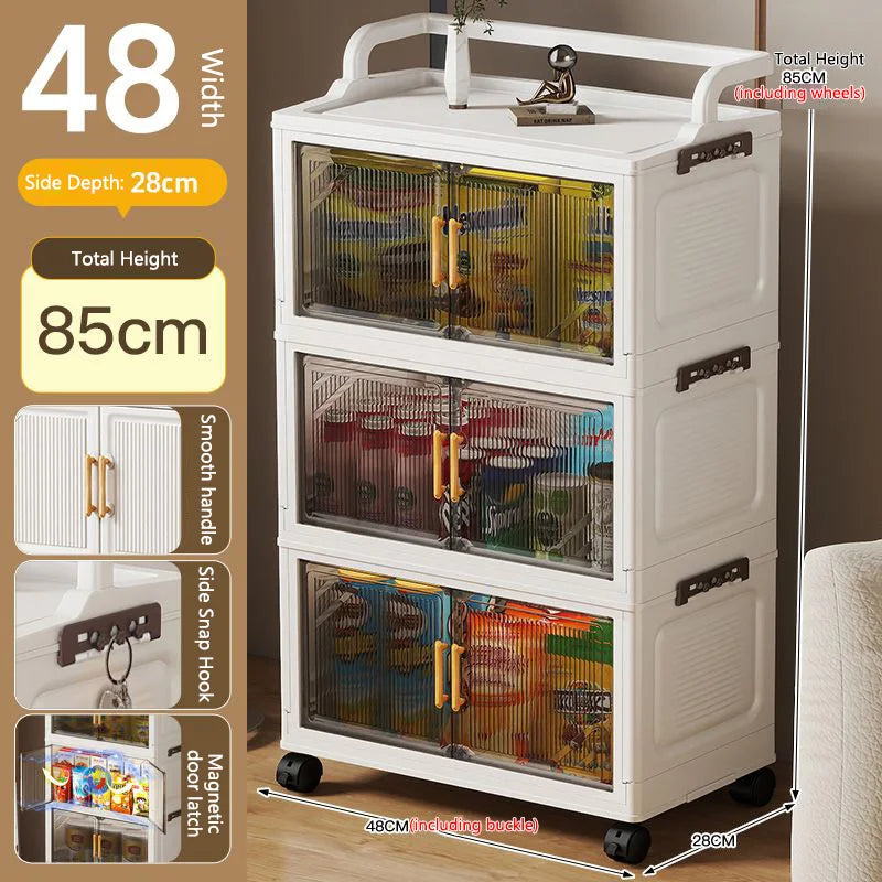 meuble rangement pliable blanc roulettes portes poignées dorées vêtements