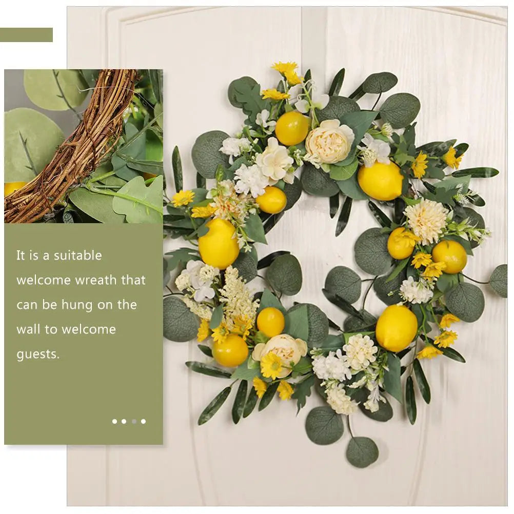 Couronne citron accrochée porte d'entrée décoration florale