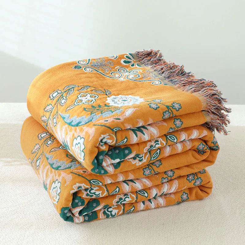 couverture coton fleur oiseaux vert beige marron gris portable anti boulochage hiver traditionnelle